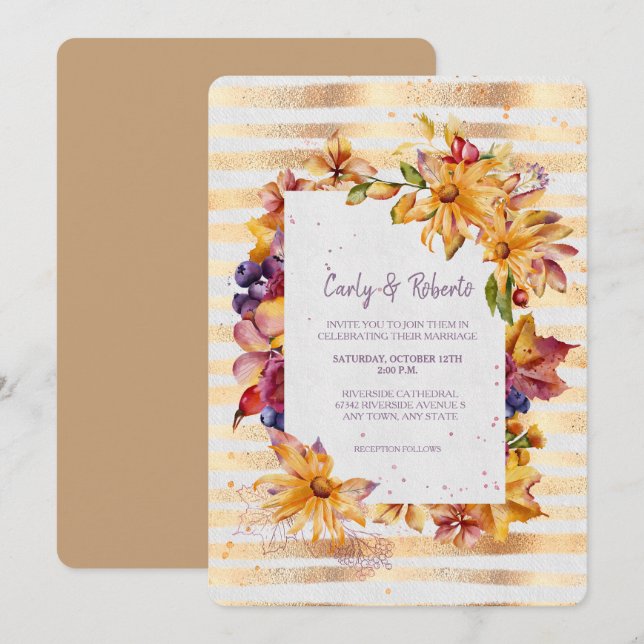 Autumn Garden Frame Gold Stripe Wedding Invitation (Front/Back)