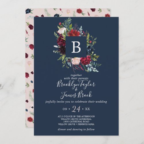 Autumn Garden  Navy Blue Monogram Wedding Invitation