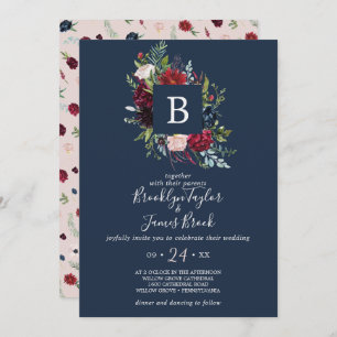Autumn Garden Navy Blue Monogram Wedding Invitation