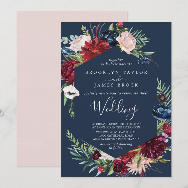 Autumn Garden | Navy Blue Wedding Invitation (Front/Back)