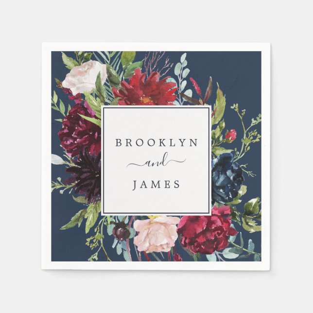 Autumn Garden | Navy Blue Wedding Napkins (Front)