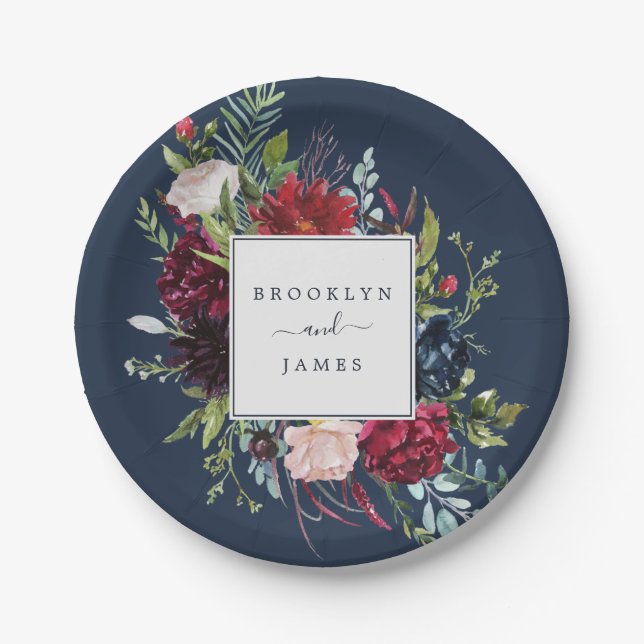 Autumn Garden | Navy Blue Wedding Paper Plates (Front)