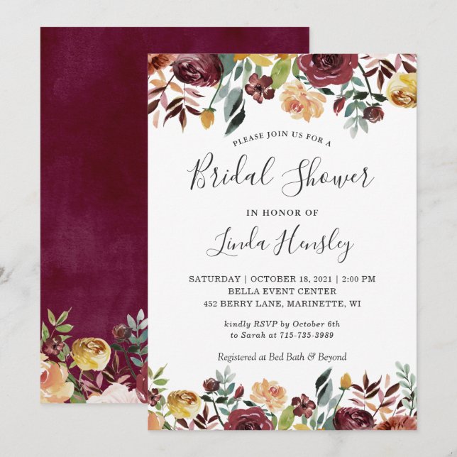 Autumn Garden Red Orange Floral Fall Bridal Shower Invitation (Front/Back)