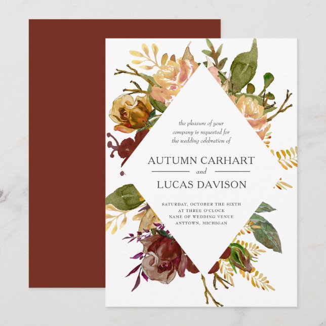 Autumn Garden Rustic Floral Diamond Wedding Invitation (Front/Back)