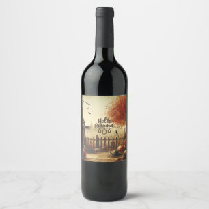 Autumn garden & scarecrow wine label