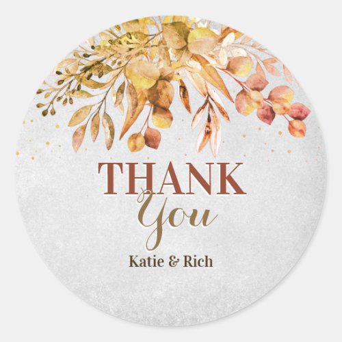 Autumn Garden Wedding Thank You Classic Round Sticker - Pretty autumn botanical design wedding thnak you stickers you personalize for your upcoming magical day.