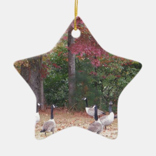 Autumn Geese with Red and Orange Fall Leaves Ceramic Ornament