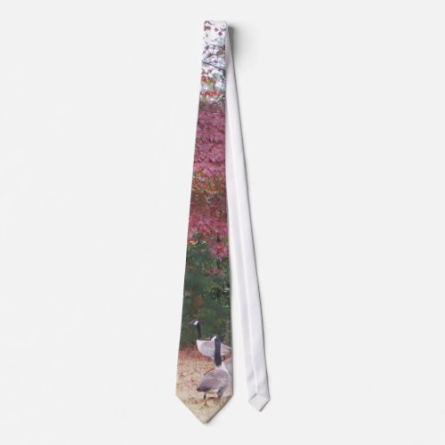 Autumn Geese with Red and Orange Fall Leaves Tie