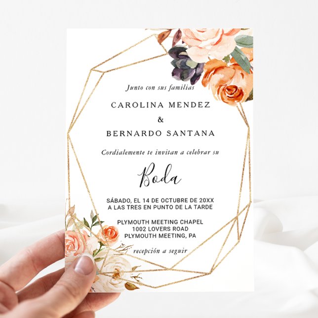 Autumn Geometric Gold Floral Boda Invitation (Creator Uploaded)