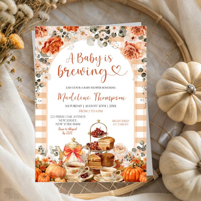 Autumn Gingham Pumpkin Baby Shower Tea Party Invitation (Creator Uploaded)