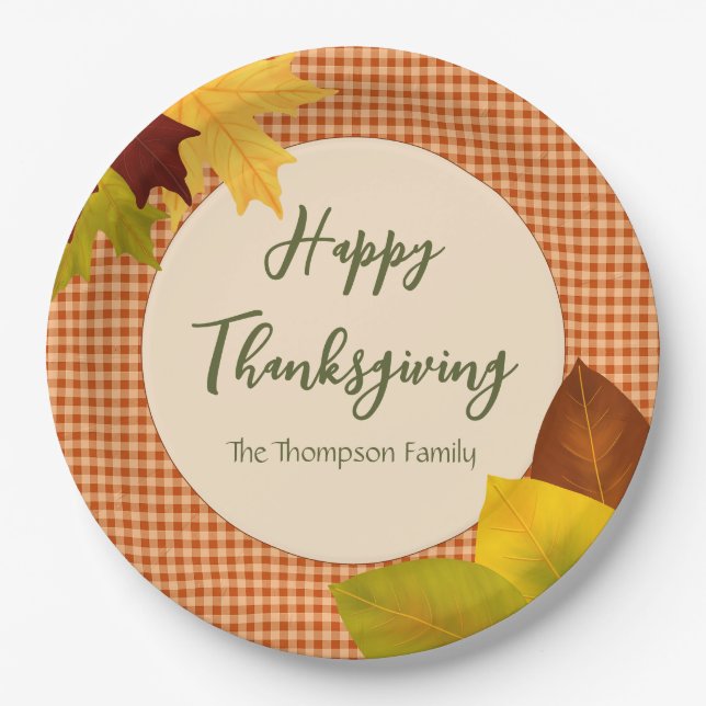 Autumn Gingham Thanksgiving Paper Plates (Front)