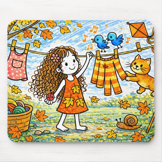 Autumn Girl Cat Clothesline Mouse Pad (Front)