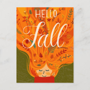 Autumn Girl Orange Hair with leaves Postcard