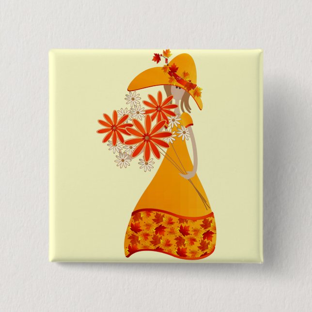 Autumn Girl with Fall Flowers Button (Front)