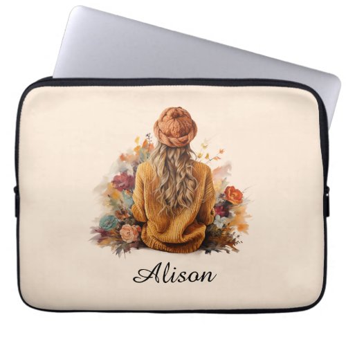 Autumn girl with knitted sweater laptop sleeve