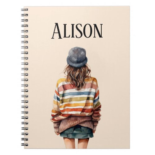 Autumn girl with knitted sweater notebook