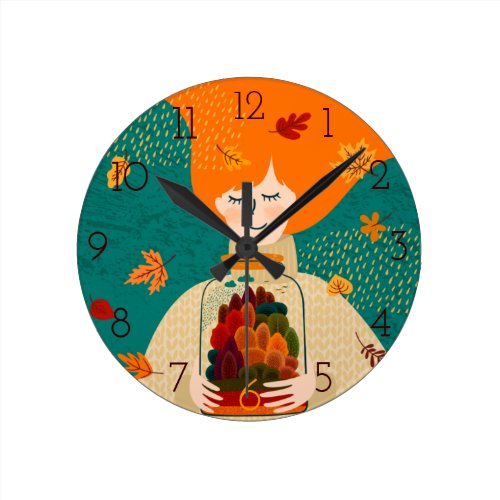 Autumn Girl with Tree in Jar Round Clock