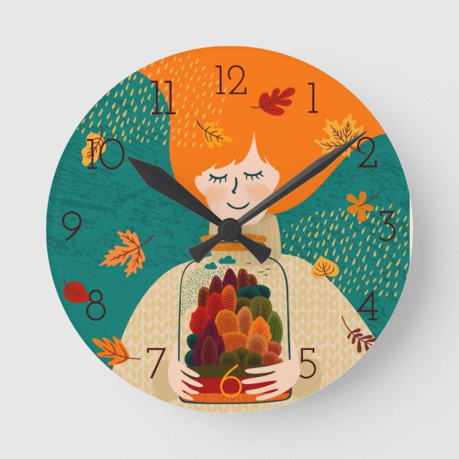 Autumn Girl with Tree in Jar Round Clock (Front)