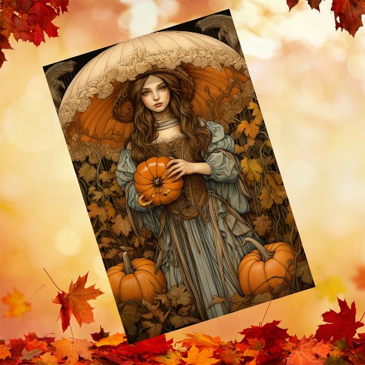 Autumn Girl With Umbrella Pumpkin Fall Decoupage 