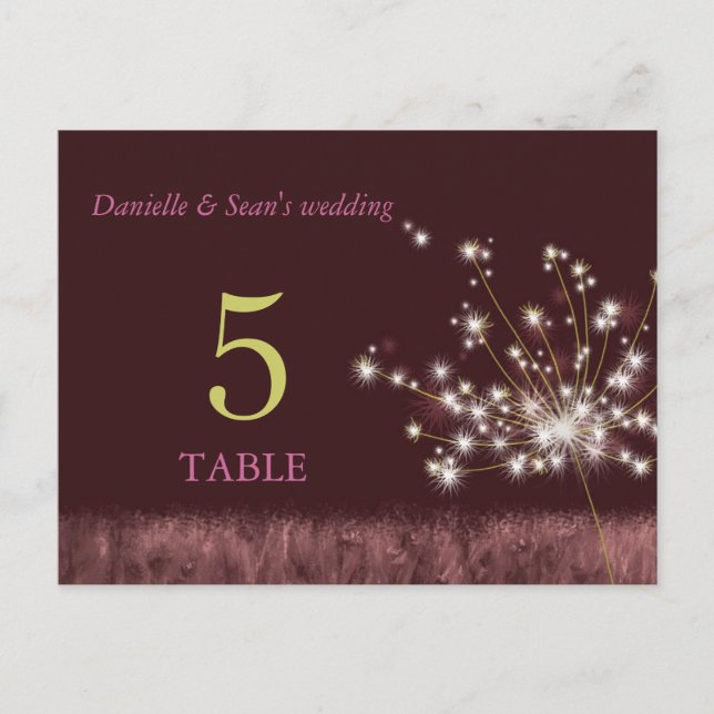 Autumn Glitter Dandelion Wedding Table Numbers (Front)