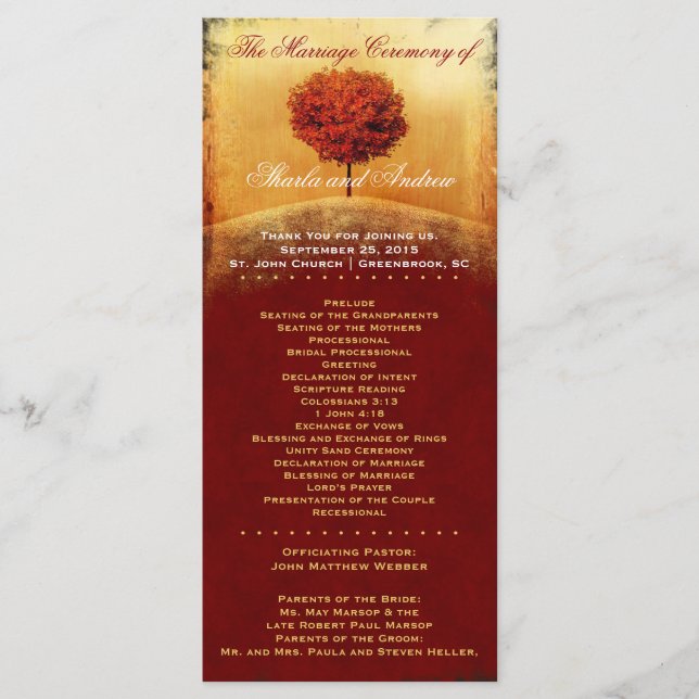 Autumn Glory Red Tree Wedding Program (Front)