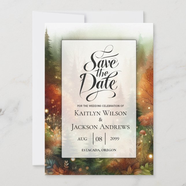 Autumn Glow in the Enchanted Forest Wedding Save The Date (Front)