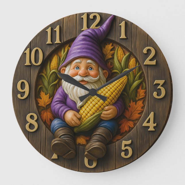 Autumn Gnome Clock with Corn and Leaves (Front)