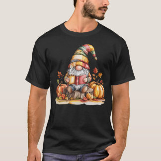 Autumn Gnome Reading Book With Pumpkins T-Shirt