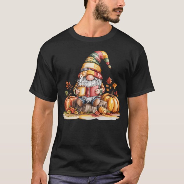 Autumn Gnome Reading Book With Pumpkins T-Shirt (Front)