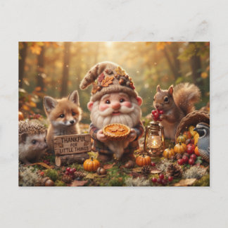 Autumn Gnome with Animals and Pie Thanksgiving Holiday Postcard