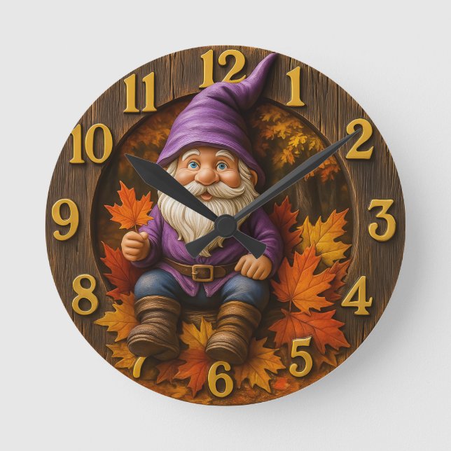 Autumn gnome with maple leaves rustic round clock (Front)
