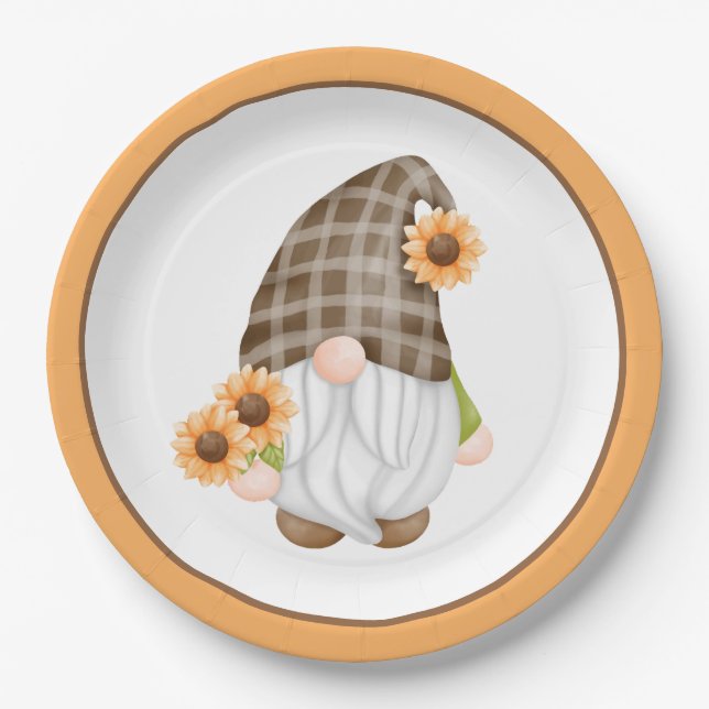 Autumn Gnome with Orange Sunflowers Paper Plates (Front)