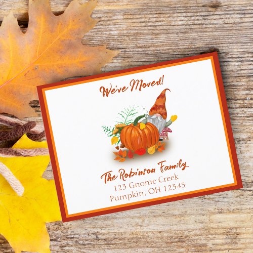 Autumn Gnome With Pumpkin Weve Moved Announcement Postcard