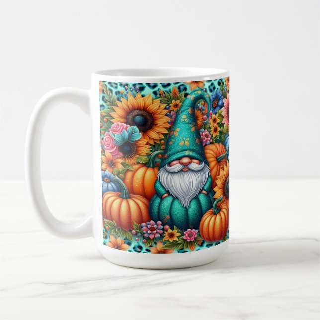 Autumn Gnome With Vibrant Pumpkins and Flowers Coffee Mug (Left)