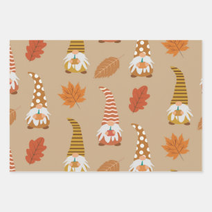 Autumn  Gnomes with Fall Leaves on Brown  Wrapping Paper Sheets