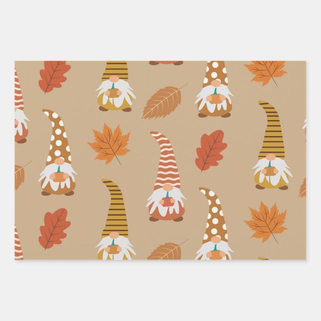 Autumn  Gnomes with Fall Leaves on Brown  Wrapping Paper Sheets (Front)