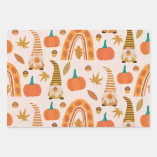 Autumn Gnomes with Rainbow and Fall Leaves Wrapping Paper Sheets