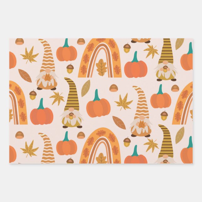 Autumn Gnomes with Rainbow and Fall Leaves Wrapping Paper Sheets (Front)