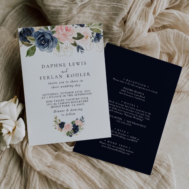 Autumn Gold Blue Pink Floral Back & Front Wedding  Invitation (Creator Uploaded)
