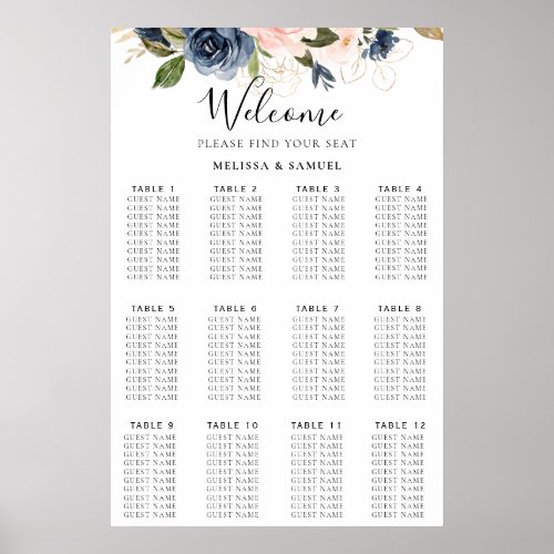 Autumn Gold Blue Pink Floral Wedding Seating Chart