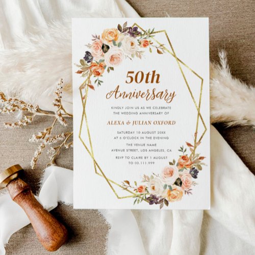 autumn gold blush floral 50th wedding anniversary invitation