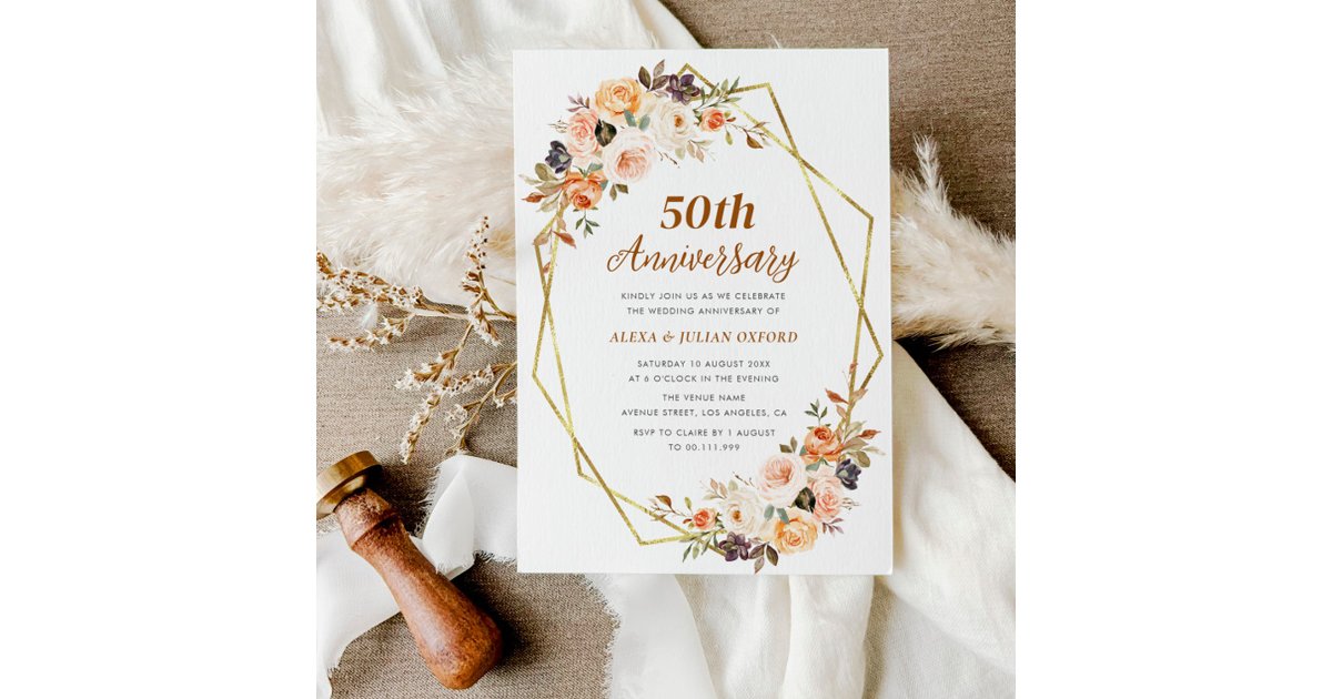 autumn gold blush floral 50th wedding anniversary invitation | Zazzle