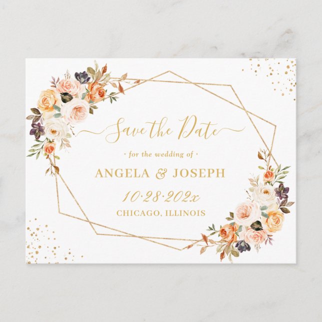 Autumn Gold Bohemian Floral Save the Date Postcard (Front)