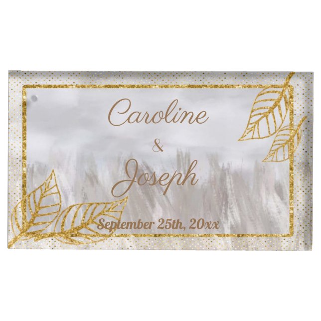 Autumn Gold Chestnut Leaves Wedding Place Card Holder (Front)