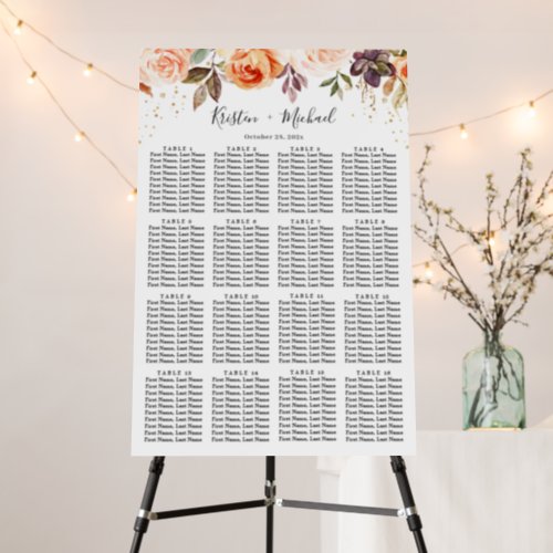 Autumn Gold Floral 16 Tables Wedding Seating Chart Foam Board