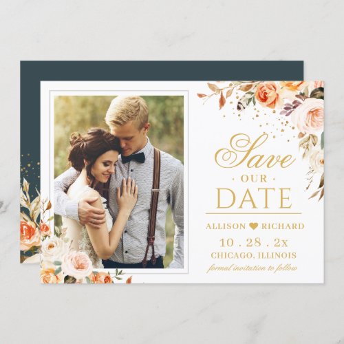 Autumn Gold Floral Bohemian Chic Photo Wedding Save The Date - Autumn Gold Floral Bohemian Chic Wedding Save the Date Card. 
(1) For further customization, please click the "customize further" link and use our design tool to modify this template. 
(2) If you prefer thicker papers / Matte Finish, you may consider to choose the Matte Paper Type.
