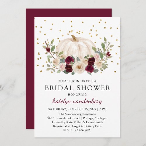 Autumn Gold Floral Burgundy White Bridal Shower Invitation