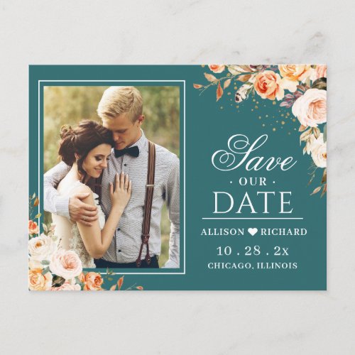 Autumn Gold Floral Dark Teal Photo Save the Date Postcard