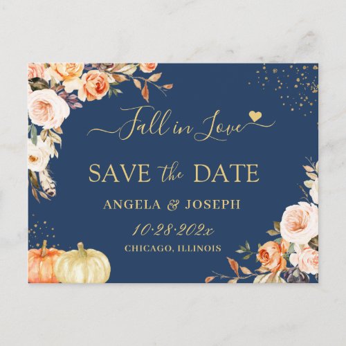 Autumn Gold Floral Evening Wedding Save the Date Postcard - Fall in Love Autumn Gold Floral Evening Wedding Save the Date Postcard