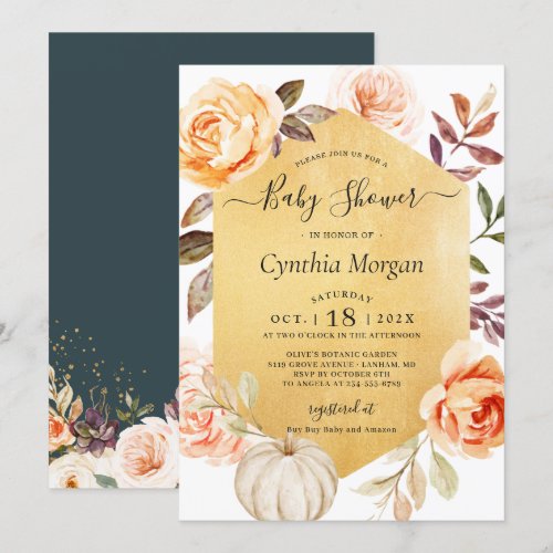 Autumn Gold Floral Little Pumpkin Baby Shower Invitation
